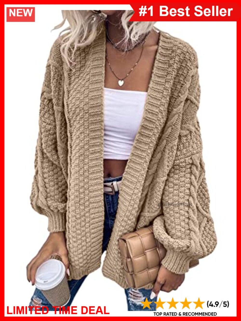 Oversized Cable Knit Lantern Sleeve Cardigan Sweater Womens